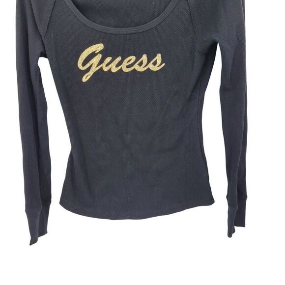 Y2K‎ Guess Black Long-Sleeve Thermal Knit Top Womens Sz M Gold Rhinestone Logo - Picture 8 of 12